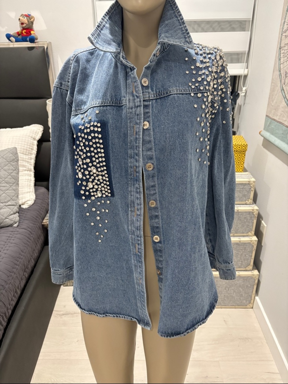 Embellished Blue Denim Jacket with Rhinestone Accents - Picture 1 of 8
